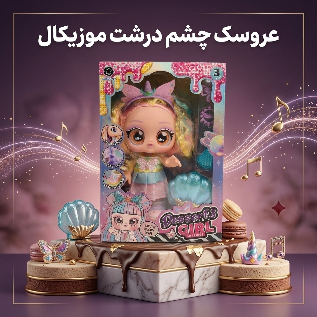عروسک چشم درشت موزیکال طرح Desserts Girl (مدل تک‌شاخ و صدف)