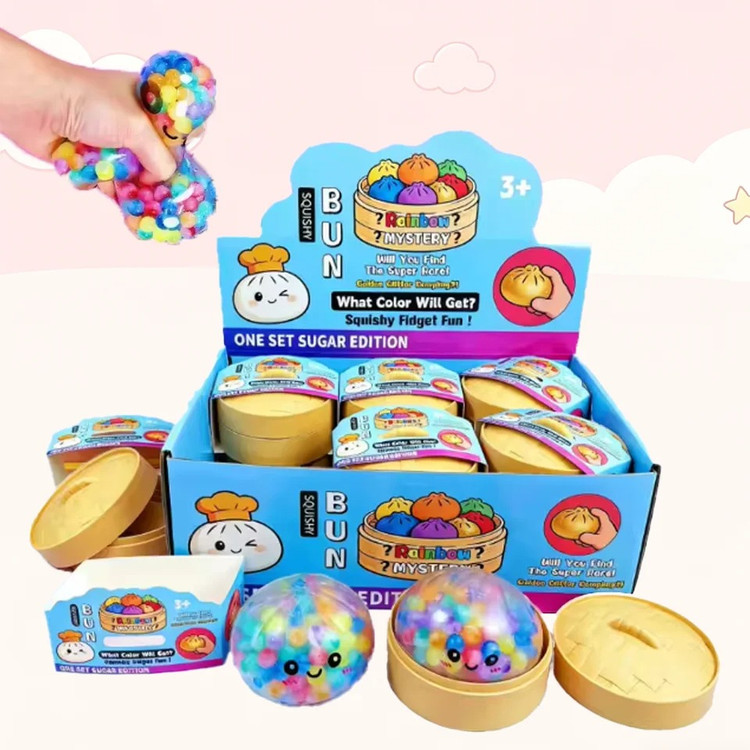 فیجت دامپلینگ کوچک شفاف توپی با توپکهای رنگی داخل (Squishy Bun Sugar Edition) به همراه ظرف بامبو