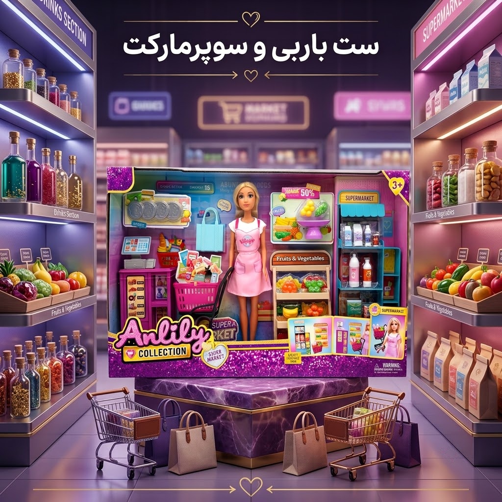 ست  باربی فروشنده سوپرمارکت آنلیلی (Anlily) به همراه میز صندوق، استند میوه و ترالی خرید