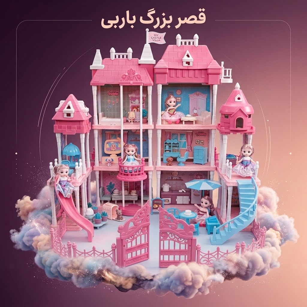 قصر اسباب‌بازی بزرگ دخترانه ۳ طبقه (DIY Castle Villa) به همراه چند عروسک، مبلمان کامل، سرسره و حیاط خلوت