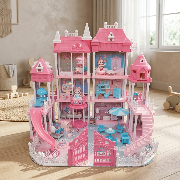 قصر اسباببازی بزرگ دخترانه ۳ طبقه (DIY Castle Villa) به همراه چند عروسک، مبلمان کامل، سرسره و حیاط خلوت