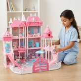 قصر اسباببازی بزرگ دخترانه ۳ طبقه (DIY Castle Villa) به همراه چند عروسک، مبلمان کامل، سرسره و حیاط خلوت