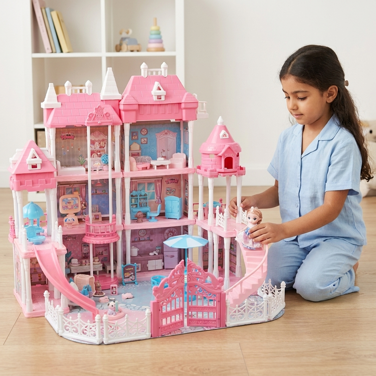 قصر اسباببازی بزرگ دخترانه ۳ طبقه (DIY Castle Villa) به همراه چند عروسک، مبلمان کامل، سرسره و حیاط خلوت