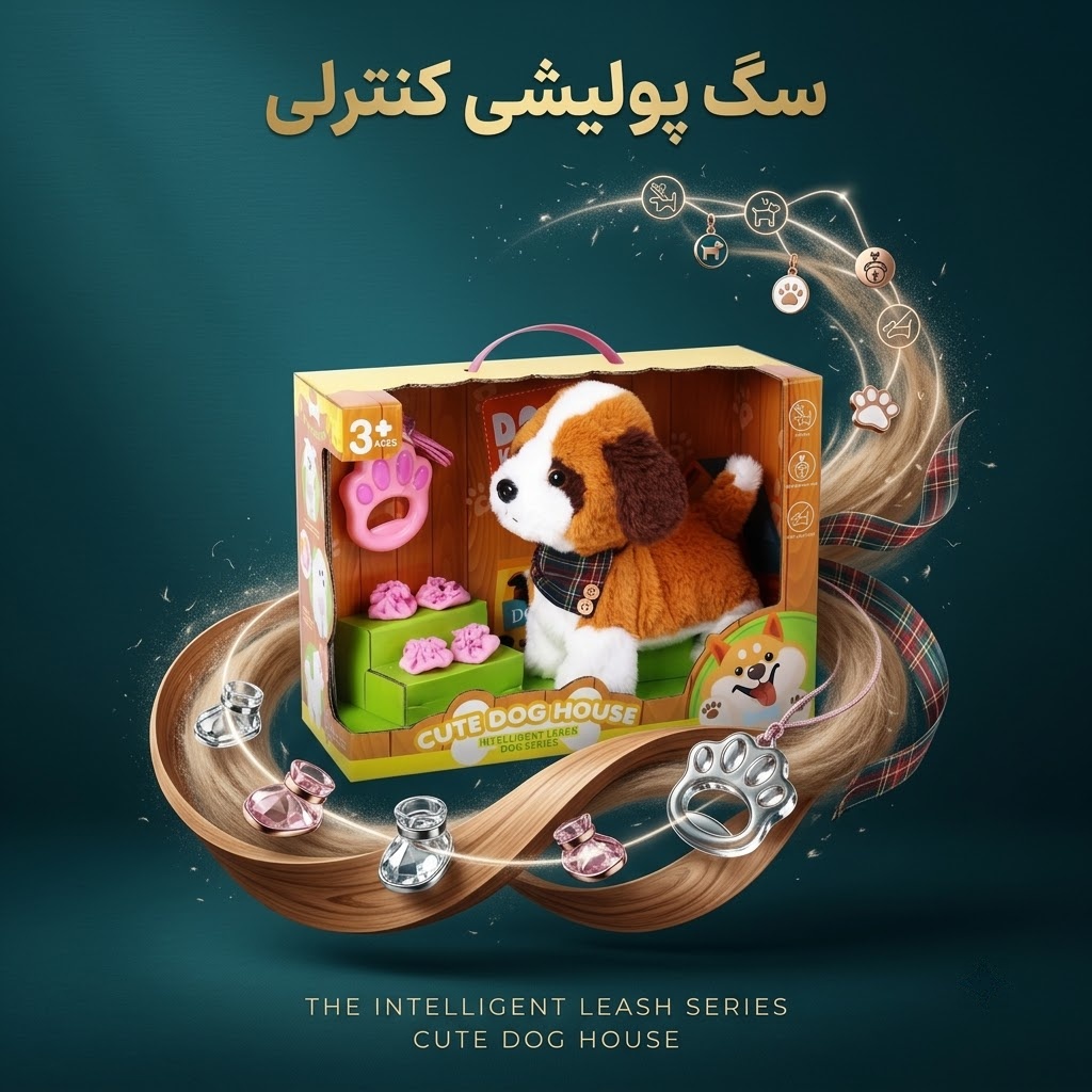سگ پشمی کنترلی بند دار سری Cute Dog House به همراه پاپوش و قلاده دسته‌ای